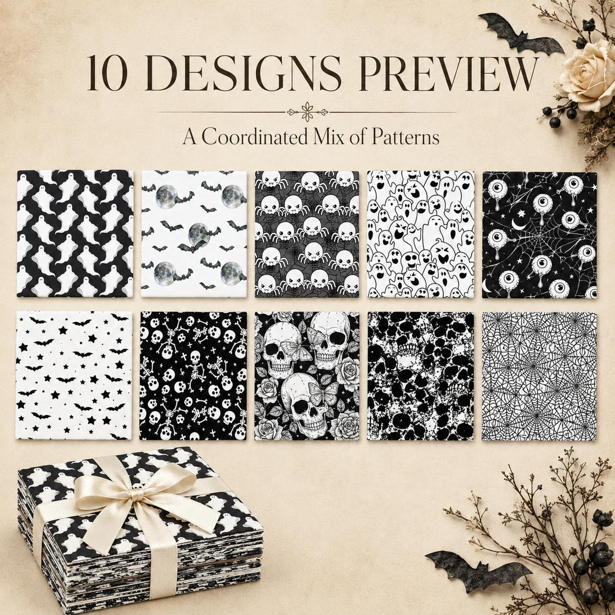10Pc/Set Halloween Series Skull Moon Bat Fat Quarter Fabric, Pre-Cut Square Fabric Assort, Fabric Set, Craft Fabric, Handmade DIY Patchwork Fabric,Home Quilting Sewing Fabric, Packaging Fabric, Scrapbooking Craft Hobbyist