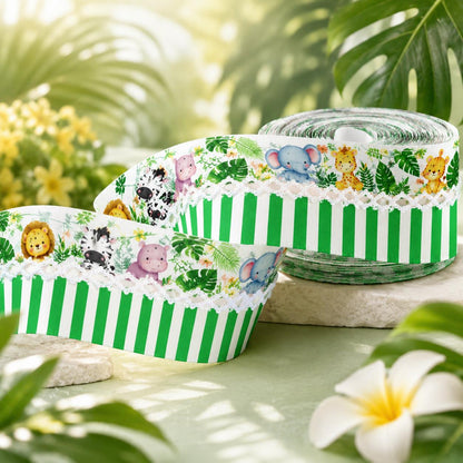 5 Yards Cute Animal Series Ribbon Adorned with Elephant Lions Tiger Stripe Pattern, Width 32mm/1.26-Inch, Two Ribbon Equipped with White Center Hook Edge, Ideal for Showcasing Jewelry And Wrapping Gifts, Creating Bows, Holiday Decorations