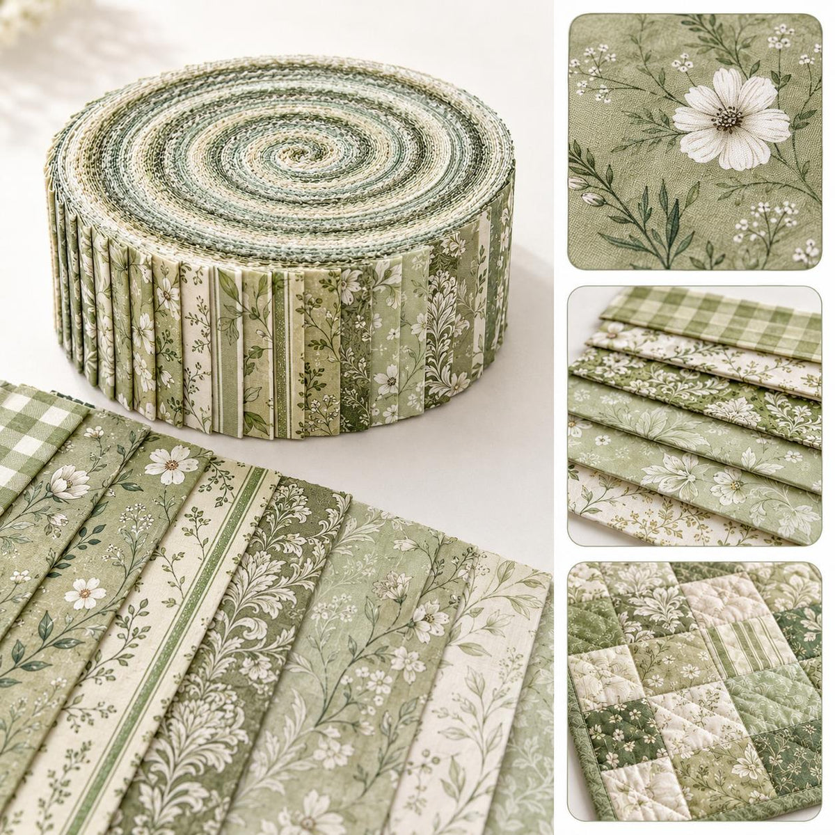 10pcs Vintage Green Floral Pattern Jelly Roll Fabric Strips 2.5X19.7inch Pre-Cut 100% Polyester For Patchwork Quilts, Table Runners, Placemats, Tote Bags, Storage Pouches, Makeup Bags, Coasters, Quilt Blocks & Binding