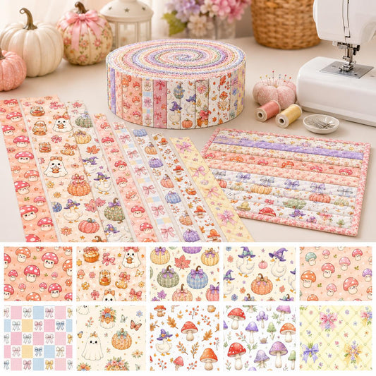 10pcs Vintage Mushroom Duck Pumpkin Theme Jelly Roll Fabric Strips 2.5X19.7inch Pre-Cut 100% Polyester For Patchwork Quilts, Table Runners, Placemats, Tote Bags, Storage Pouches, Makeup Bags, Coasters, Quilt Blocks & Binding