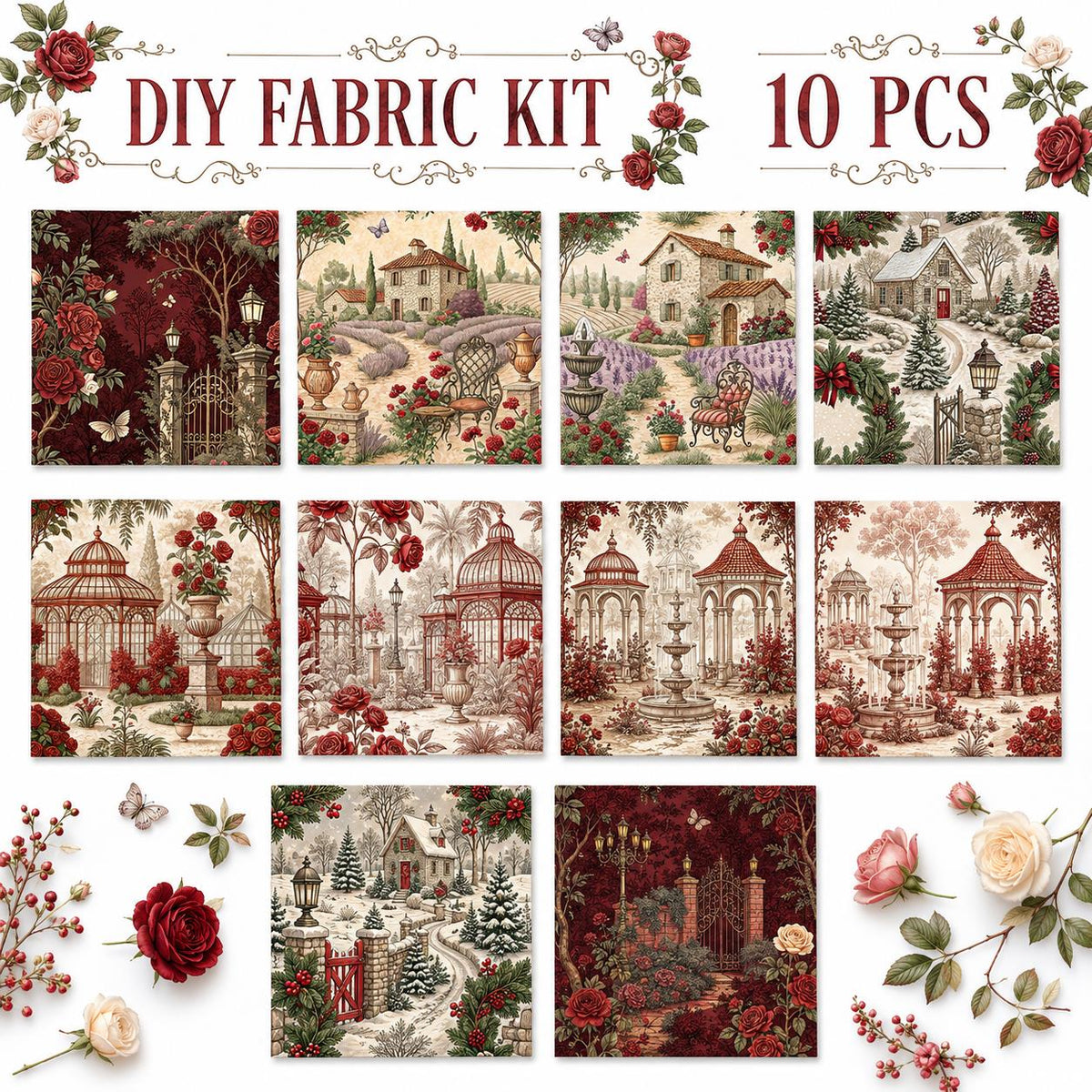 10Pc/Set Flower Rose Christmas Series Tree Fat Quarter Fabric, Pre-Cut Square Fabric Assort, Fabric Set, Craft Fabric, Handmade DIY Patchwork Fabric,Home Quilting Sewing Fabric, Packaging Fabric, Scrapbooking Craft Hobbyist