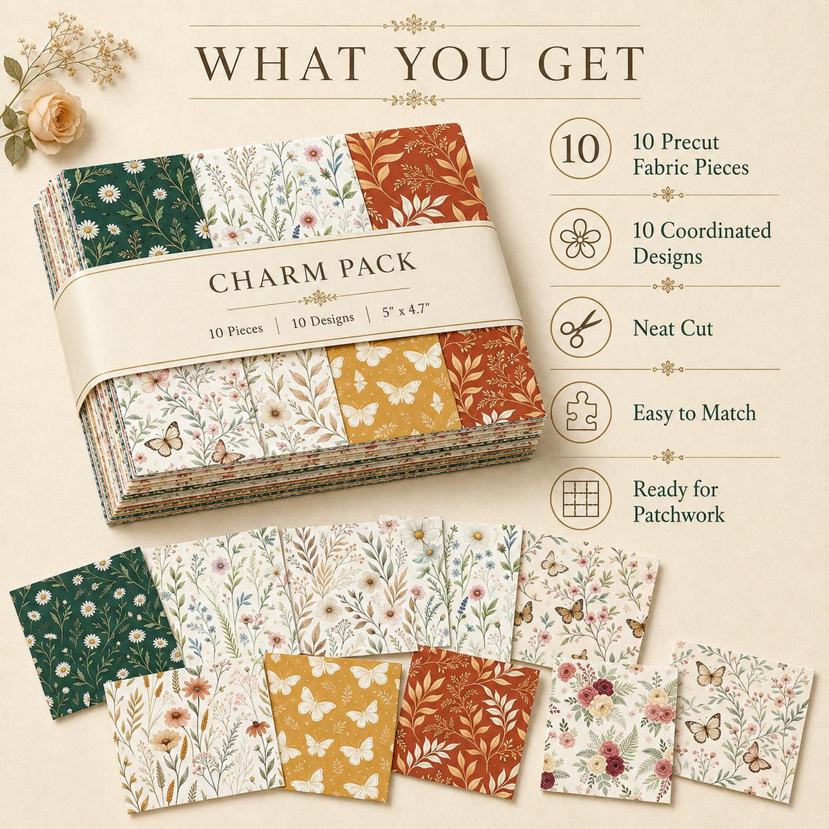 10pcs Charm Pack Set Floral Pattern 100% Polyester Patchwork in 10 Design Styles, Ready-to-Sew Without Cutting, Suitable For Patchwork Wallet Making Gift Giving Tote Bags Coasters DIY Craft Projects
