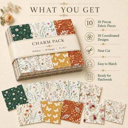 10pcs Charm Pack Set Floral Pattern 100% Polyester Patchwork in 10 Design Styles, Ready-to-Sew Without Cutting, Suitable For Patchwork Wallet Making Gift Giving Tote Bags Coasters DIY Craft Projects
