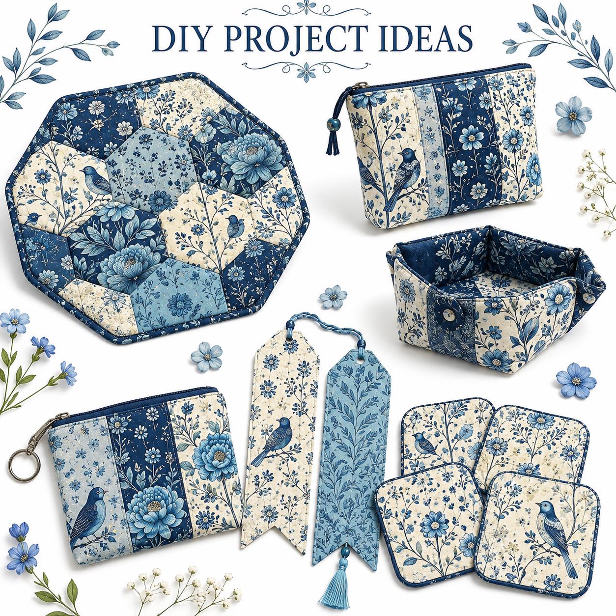 10Pc/Set Blue Flower Bird Series Fat Quarter Fabric, Pre-Cut Square Fabric Assort, Fabric Set, Craft Fabric, Handmade DIY Patchwork Fabric,Home Quilting Sewing Fabric, Packaging Fabric, Scrapbooking Craft Hobbyist