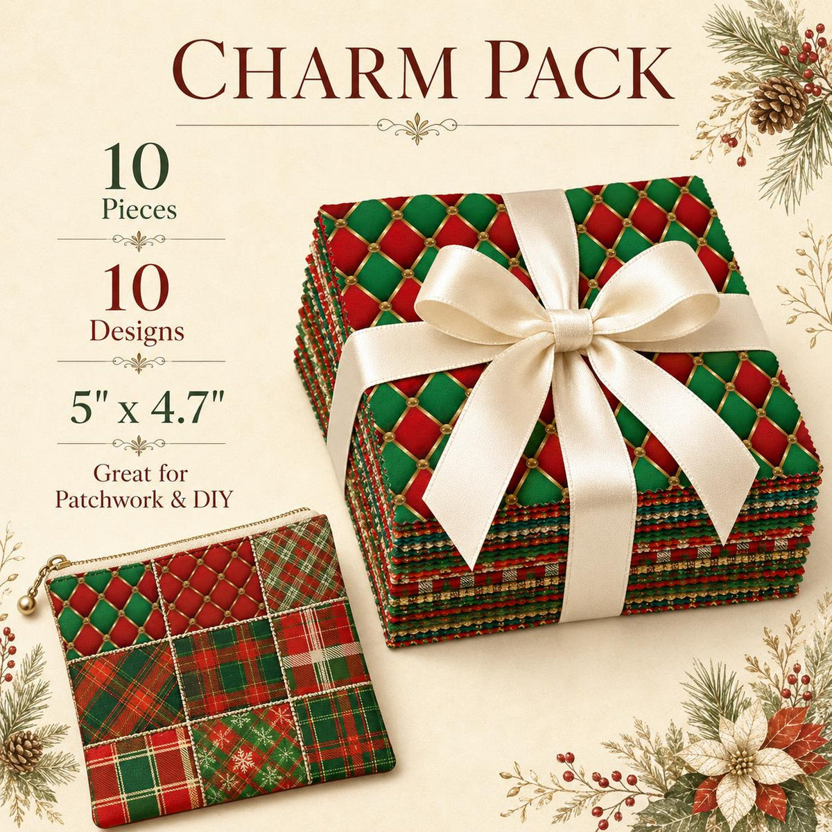 10Pc/Set Christmas Series Plaid Rhombus Fat Quarter Fabric, Pre-Cut Square Fabric Assort, Fabric Set, Craft Fabric, Handmade DIY Patchwork Fabric,Home Quilting Sewing Fabric, Packaging Fabric, Scrapbooking Craft Hobbyist