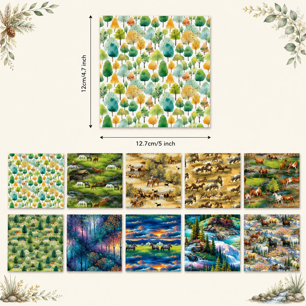 10Pc/Set Horse Series Mountain Tree Fat Quarter Fabric, Pre-Cut Square Fabric Assort, Fabric Set, Craft Fabric, Handmade DIY Patchwork Fabric,Home Quilting Sewing Fabric, Packaging Fabric, Scrapbooking Craft Hobbyist