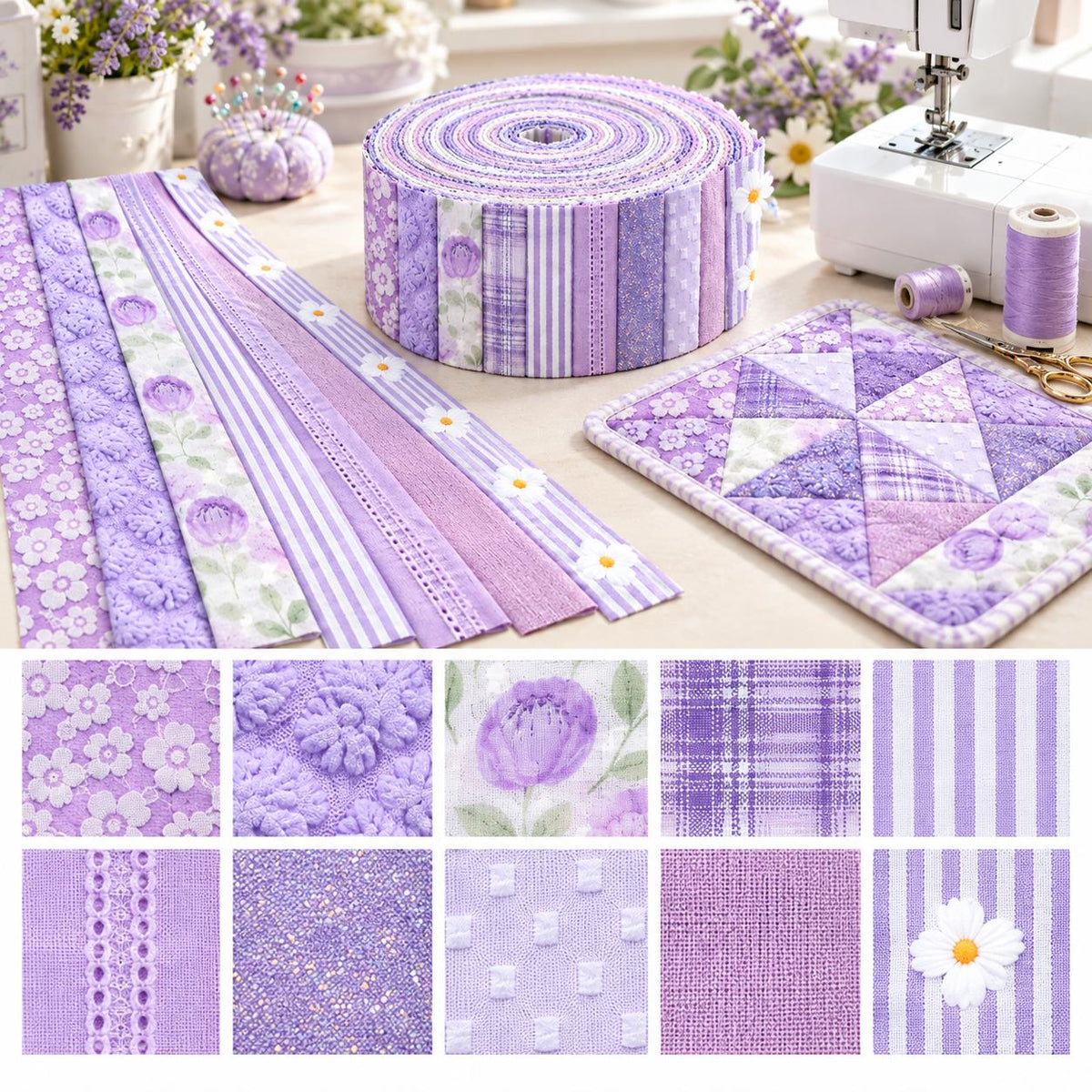 10pcs Vintage Floral Plaid Purple Pattern Jelly Roll Fabric Strips 2.5X19.7inch Pre-cut 100% Polyester for Patchwork Quilts, Table Runners, Placemats, Tote Bags, Storage Pouches, Makeup Bags, Coasters, Quilt Blocks & Binding Multi-color