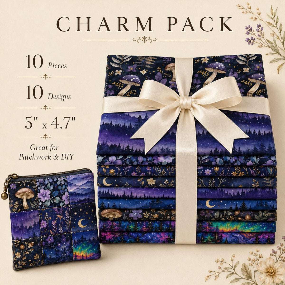 10Pc/Set Flower Series Mushroom Moon Galaxy Mountain Fat Quarter Fabric, Pre-Cut Square Fabric Assort, Fabric Set, Craft Fabric, Handmade DIY Patchwork Fabric,Home Quilting Sewing Fabric, Packaging Fabric, Scrapbooking Craft Hobbyist