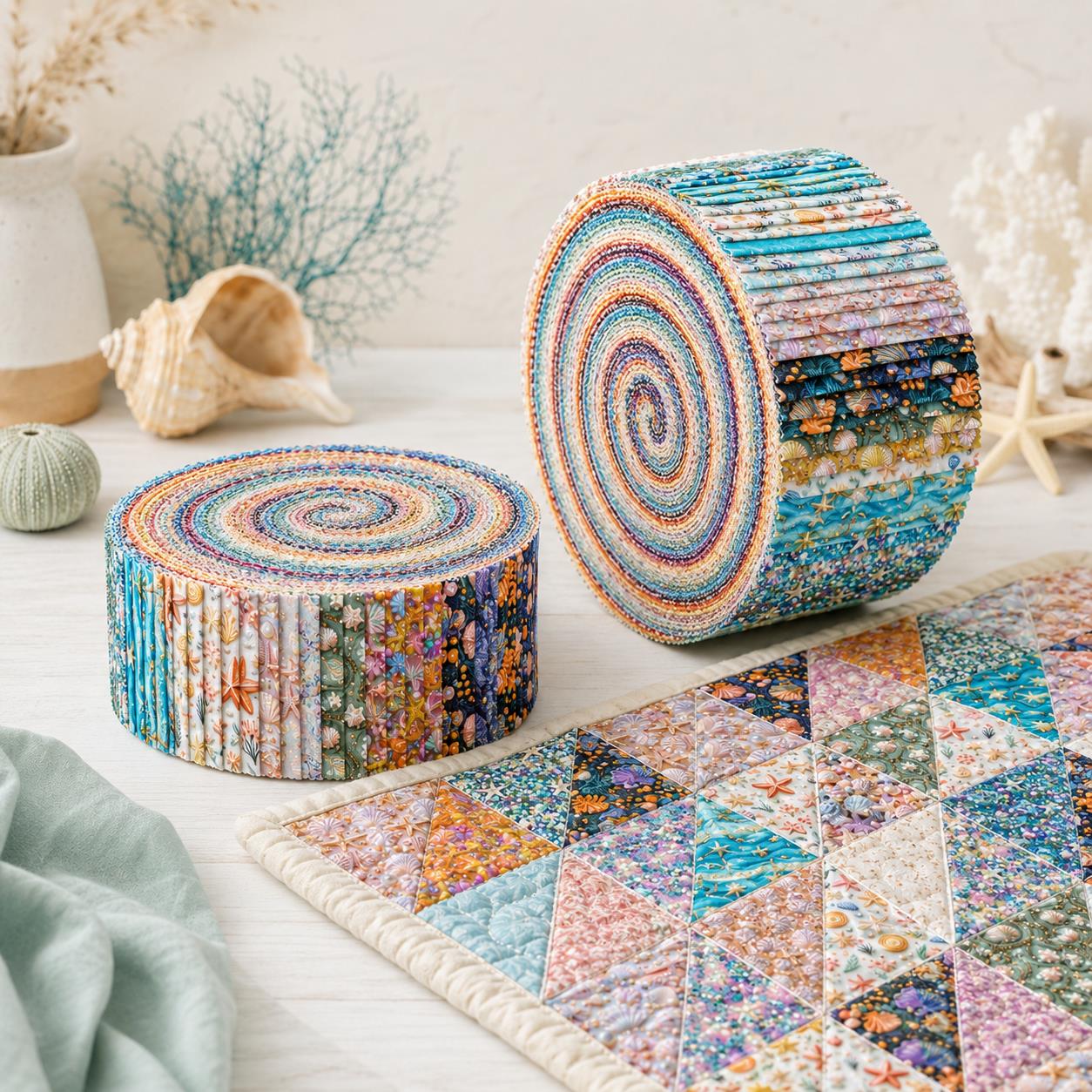 10Pc/Set, Making 10 Images 1pc Each, Each Size: 6.3*50cm 2D Flat Starfish Shell Pearl Sea Series Sliced Fabric Set Style Combination, Polyester Jelly Roll Fabric Strips, Pre-Cut Quilting Squares, For Quilting DIY, Handicrafts And Sewing, Blankets, Rugs