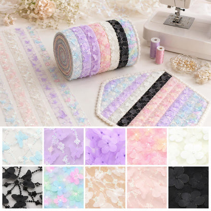 10Pc/Set, Making 10 Images 1pc Each, Each Size: 6.3*50cm Floral Butterfly Mesh Gauze Lace Series Sliced Fabric Set Style Combination, Polyester Jelly Roll Fabric Strips, Pre-Cut Quilting Squares, For Quilting DIY, Handicrafts And Sewing, Blankets, Rugs, I
