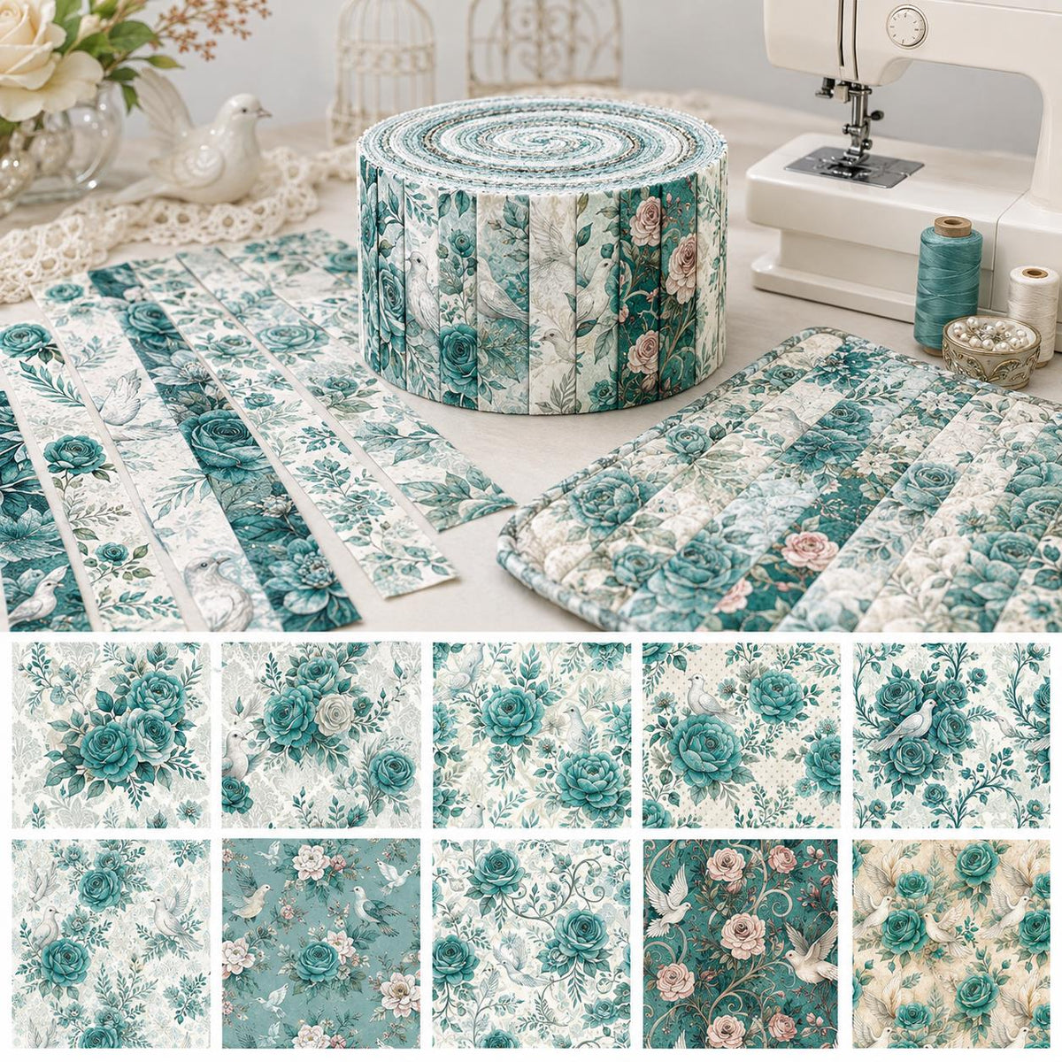 10pcs Vintage Blue Floral Burgundy Pattern Jelly Roll Fabric Strips 2.5X19.7inch Pre-Cut 100% Polyester For Patchwork Quilts, Table Runners, Placemats, Tote Bags, Storage Pouches, Makeup Bags, Coasters, Quilt Blocks & Binding