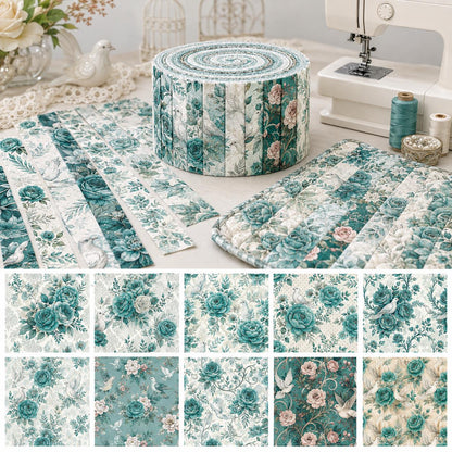 10pcs Vintage Blue Floral Burgundy Pattern Jelly Roll Fabric Strips 2.5X19.7inch Pre-Cut 100% Polyester For Patchwork Quilts, Table Runners, Placemats, Tote Bags, Storage Pouches, Makeup Bags, Coasters, Quilt Blocks & Binding