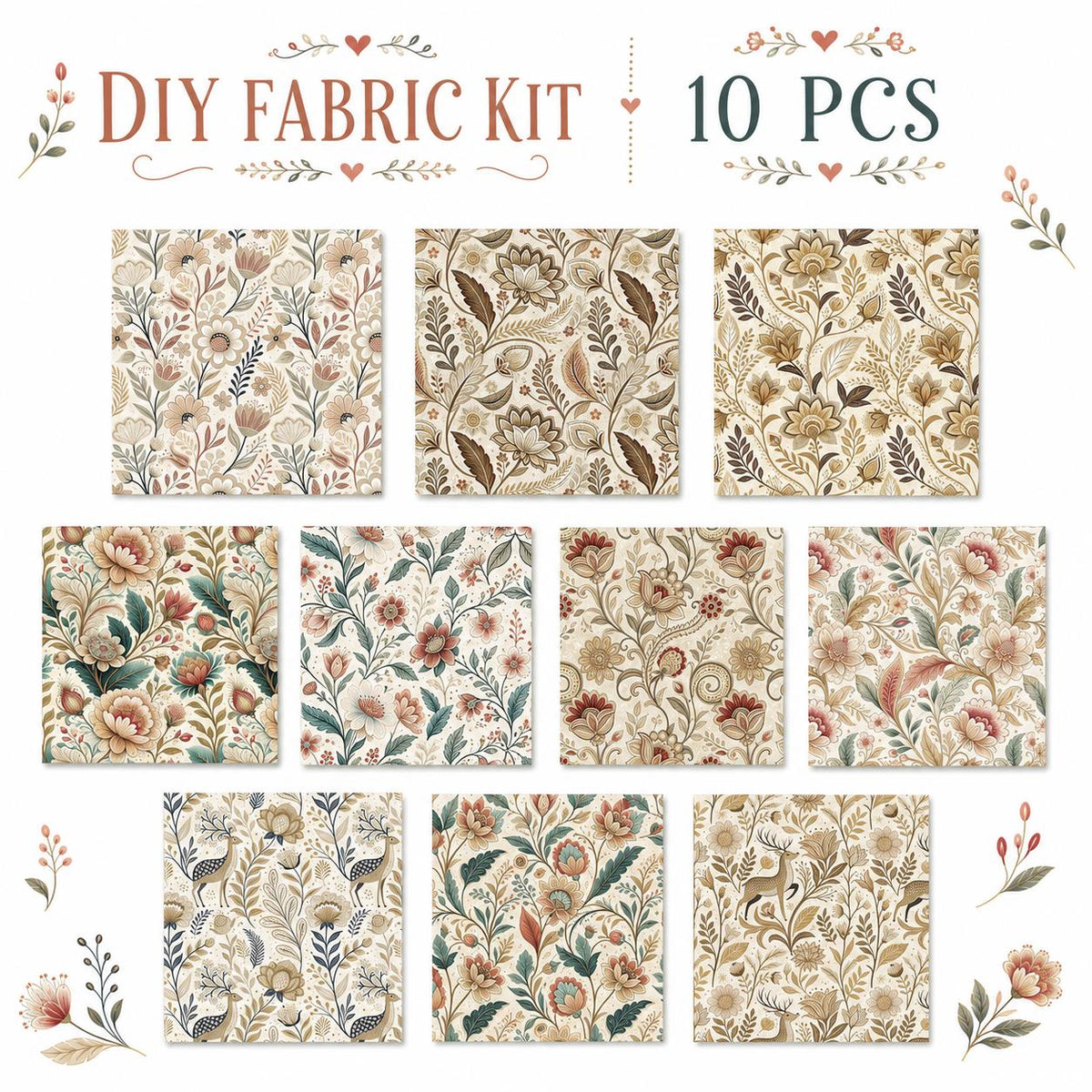 10pcs Charm Pack Set Floral Vintage Style Pattern Handmade DIY with Rich Color and Texture Elements 100% Polyester Patchwork in 10 Design Styles Suitable for Patchwork DIY Craft Projects DIY Wallet Making Gift Giving Bag Making Mother's Day Gift