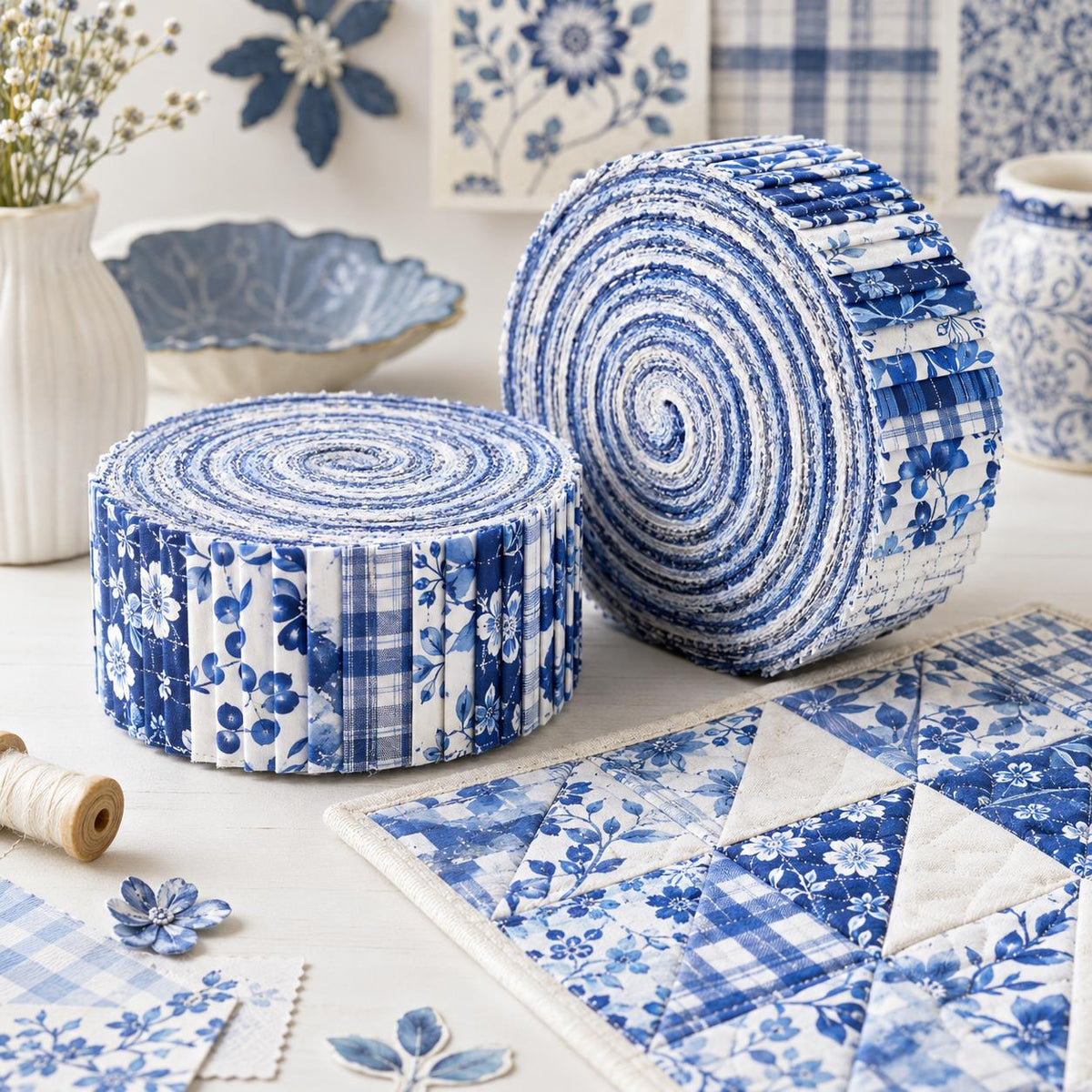 10pcs Vintage Floral Plaid Blue Pattern Jelly Roll Fabric Strips 2.5X19.7inch Pre-cut 100% Polyester for Patchwork Quilts, Table Runners, Placemats, Tote Bags, Storage Pouches, Makeup Bags, Coasters, Quilt Blocks & Binding Multi-color