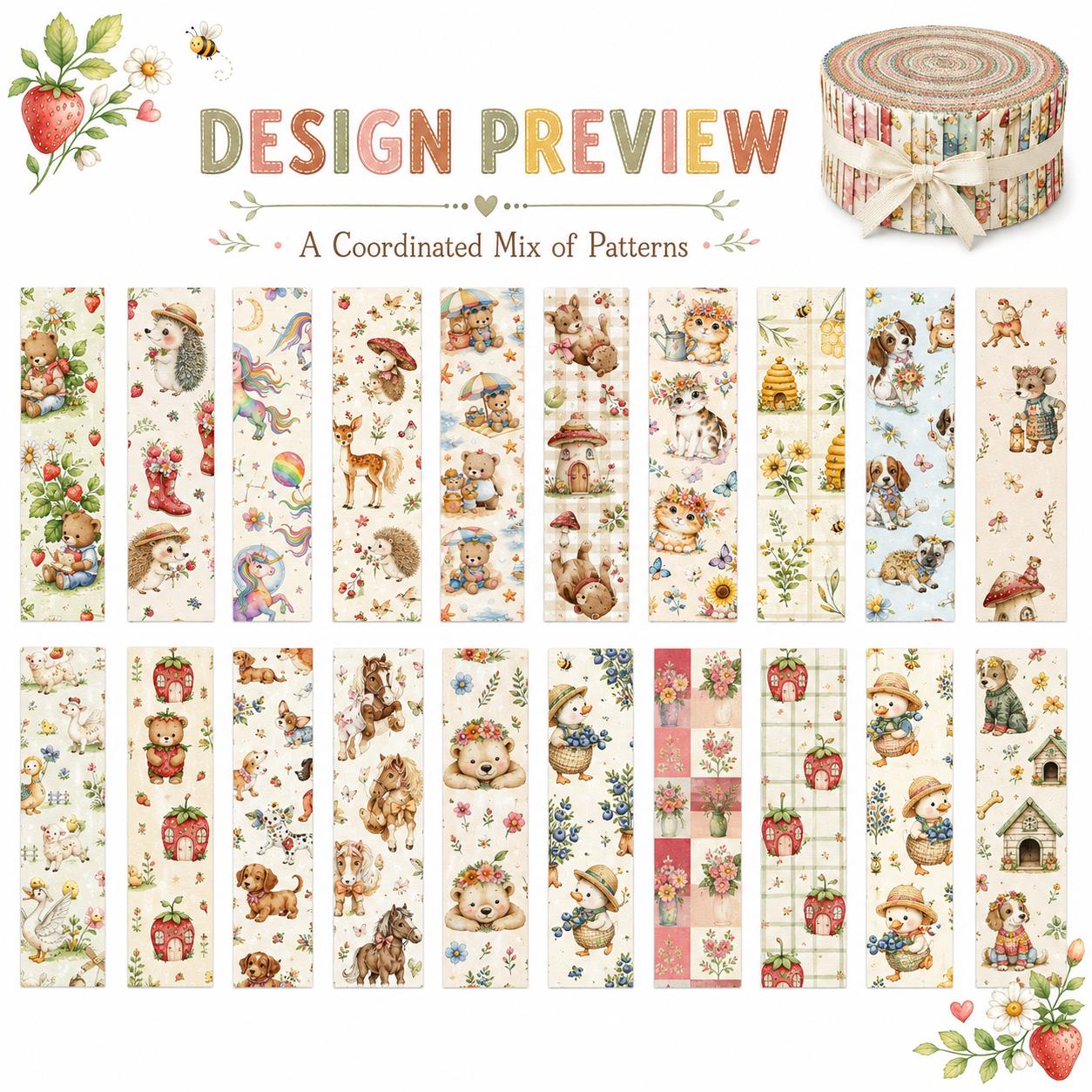 20pcs Vintage Bear Cat Hedgehog Animal Series Jelly Roll Fabric Strips 2.5X19.7inch Delicate Printed Multi-Color 100% Polyester For DIY Handmade Patchwork, Table Runners, Placemats, Tote Bags, Storage Pouches, Makeup Bags, Coasters, Quilt Blocks & Binding