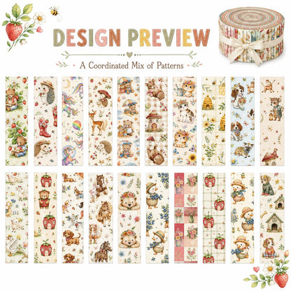 20pcs Vintage Bear Cat Hedgehog Animal Series Jelly Roll Fabric Strips 2.5X19.7inch Delicate Printed Multi-Color 100% Polyester For DIY Handmade Patchwork, Table Runners, Placemats, Tote Bags, Storage Pouches, Makeup Bags, Coasters, Quilt Blocks & Binding