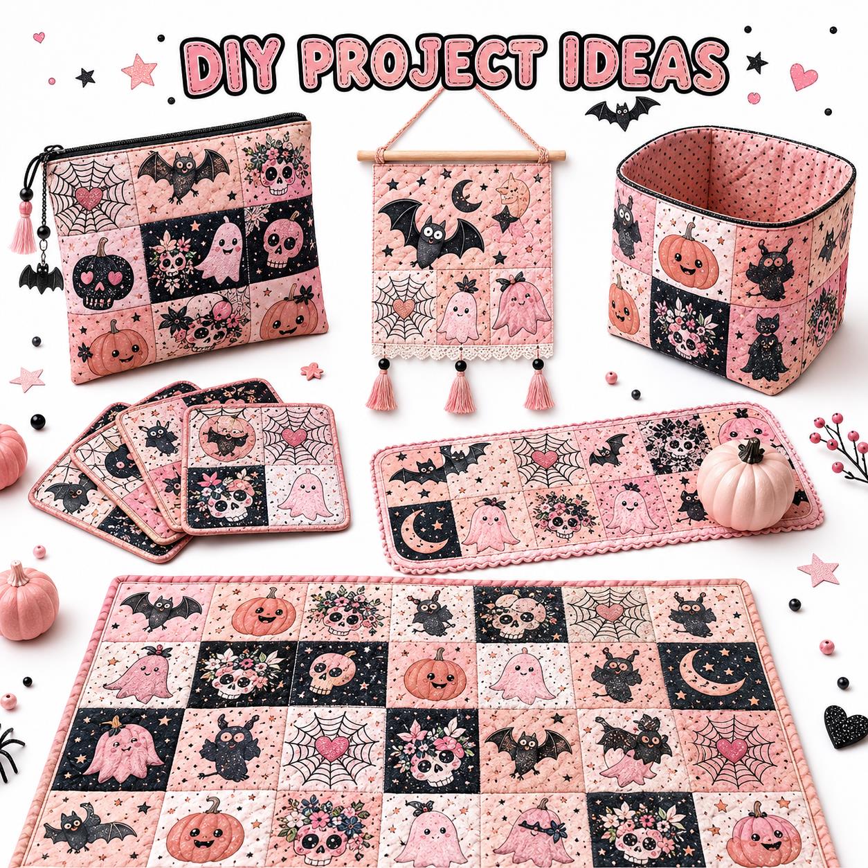 10pcs Charm Pack Set  Bat Ghost Skull Halloween Vintage Style Pattern Handmade DIY with Rich Color and Texture Elements 100% Polyester Patchwork in 10 Design Styles Suitable for Patchwork DIY Craft Projects DIY Wallet Making Gift Giving Bag Making