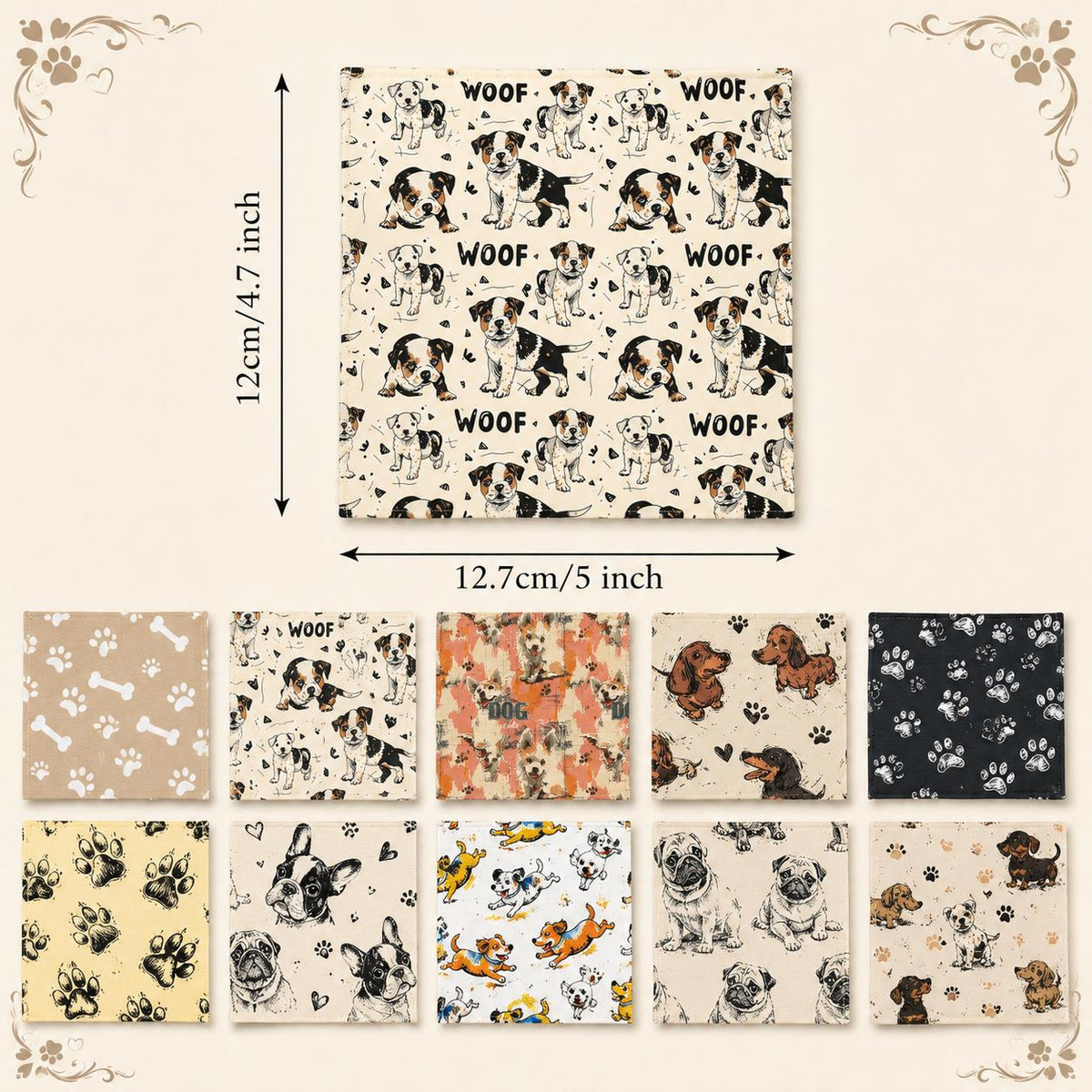 10pcs Charm Pack Set Dog Paw Pattern Vintage Style Handmade DIY with Rich Color and Texture Elements 100% Polyester Patchwork in 10 Design Styles Suitable for Patchwork DIY Craft Projects DIY Wallet Making Gift Giving Bag Making Mother's Day Gift