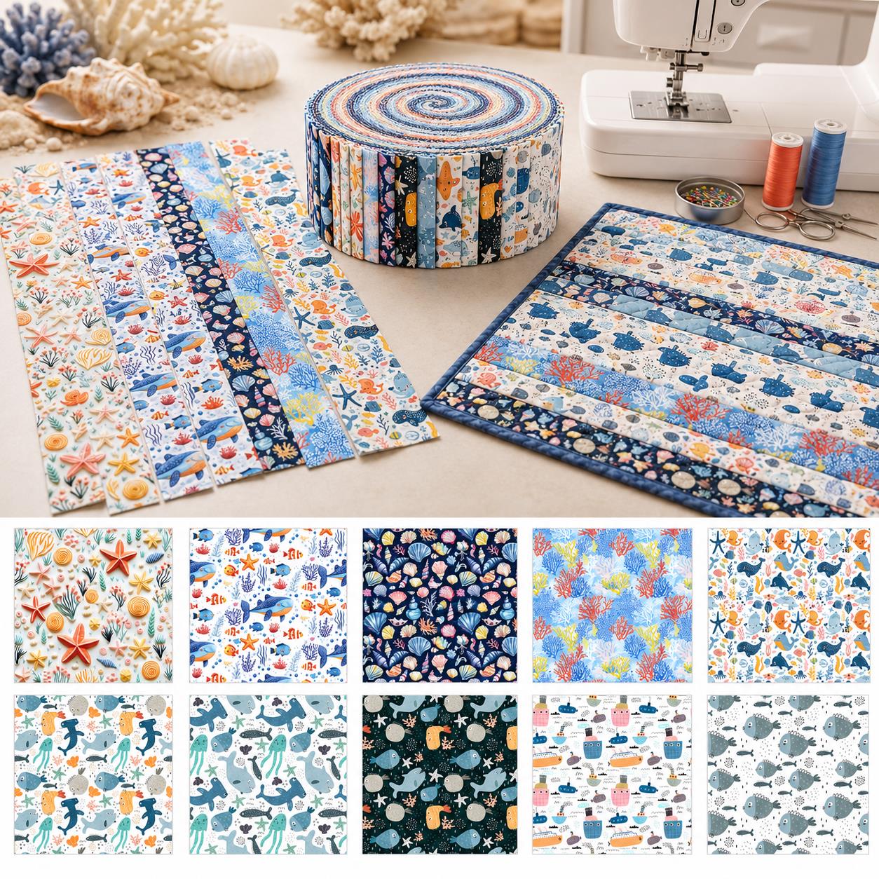 10Pc/Set, Making 10 Images 1pc Each, Each Size: 6.3*50cm Coral Dolphin Jellyfish Ocean Series Sliced Fabric Set Style Combination, Polyester Jelly Roll Fabric Strips, Pre-Cut Quilting Squares, For Quilting DIY, Handicrafts And Sewing, Blankets, Rugs
