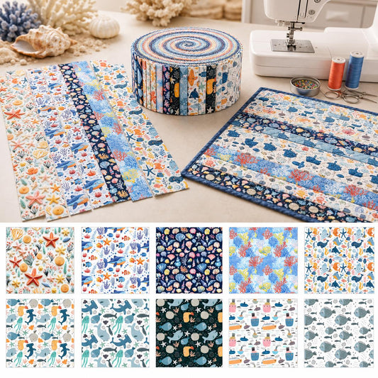 10Pc/Set, Making 10 Images 1pc Each, Each Size: 6.3*50cm Coral Dolphin Jellyfish Ocean Series Sliced Fabric Set Style Combination, Polyester Jelly Roll Fabric Strips, Pre-Cut Quilting Squares, For Quilting DIY, Handicrafts And Sewing, Blankets, Rugs