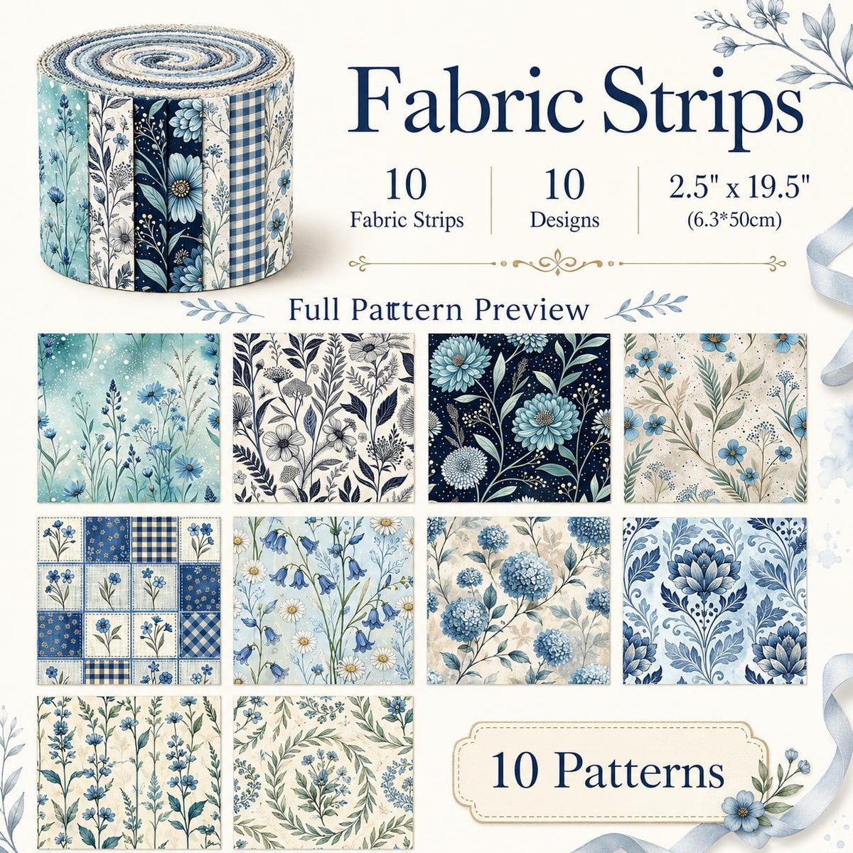 10pcs Vintage Blue Hydrangea Floral Pattern Jelly Roll Fabric Strips 2.5X19.7inch Pre-Cut 100% Polyester For Patchwork Quilts, Table Runners, Placemats, Tote Bags, Storage Pouches, Makeup Bags, Coasters, Quilt Blocks & Binding