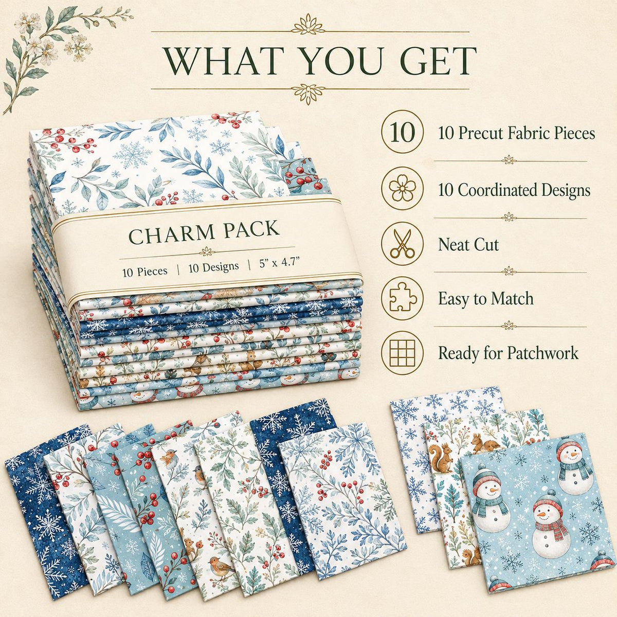 10Pc/Set Christmas Series Bird Squirrel Leaves Fat Quarter Fabric, Pre-Cut Square Fabric Assort, Fabric Set, Craft Fabric, Handmade DIY Patchwork Fabric,Home Quilting Sewing Fabric, Packaging Fabric, Scrapbooking Craft Hobbyist