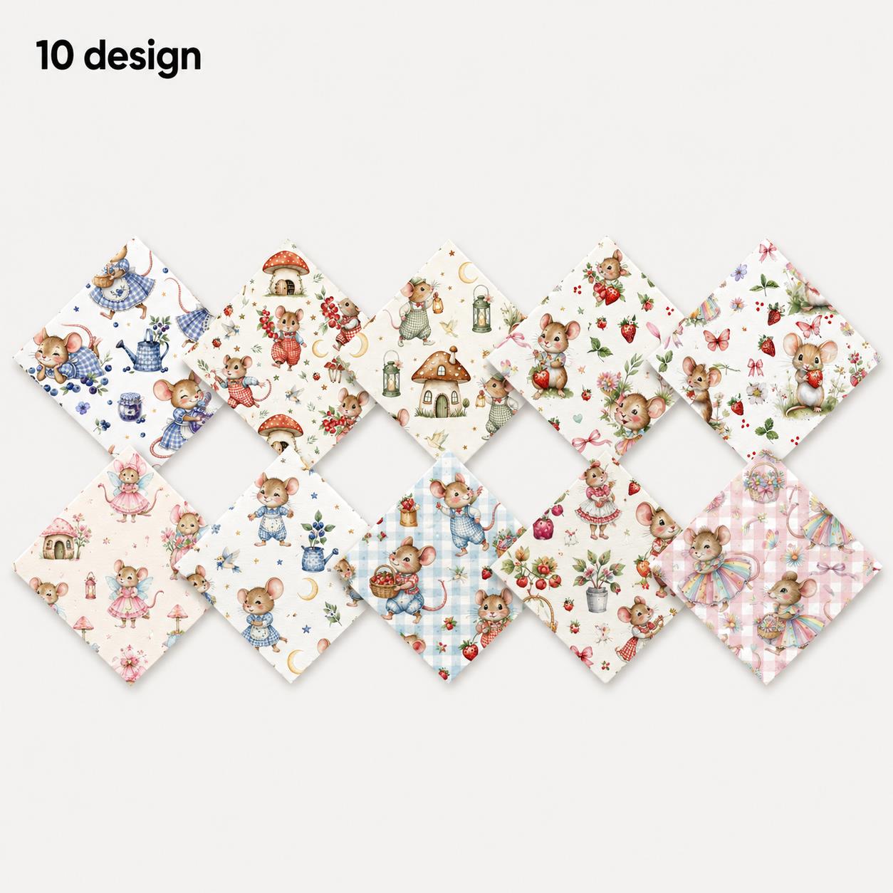 10pcs Charm Pack Set Mouse Mushroom Vintage Style Pattern Handmade DIY with Rich Color and Texture Elements 100% Polyester Patchwork in 10 Design Styles Suitable for Patchwork DIY Craft Projects DIY Wallet Making Gift Giving Bag Making Mother's Day Gift