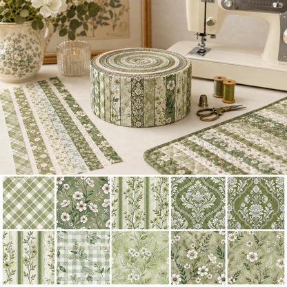 10pcs Vintage Green Floral Pattern Jelly Roll Fabric Strips 2.5X19.7inch Pre-Cut 100% Polyester For Patchwork Quilts, Table Runners, Placemats, Tote Bags, Storage Pouches, Makeup Bags, Coasters, Quilt Blocks & Binding