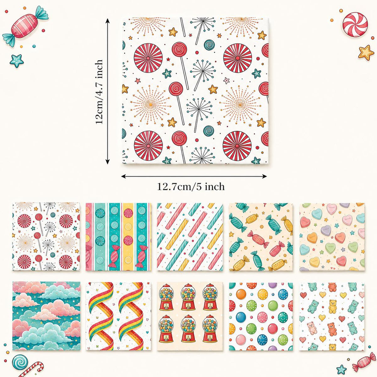 10Pc/Set Heart Series Candy Bear Dot Lollipop Stripe Fat Quarter Fabric, Pre-Cut Square Fabric Assort, Fabric Set, Craft Fabric, Handmade DIY Patchwork Fabric,Home Quilting Sewing Fabric, Packaging Fabric, Scrapbooking Craft Hobbyist