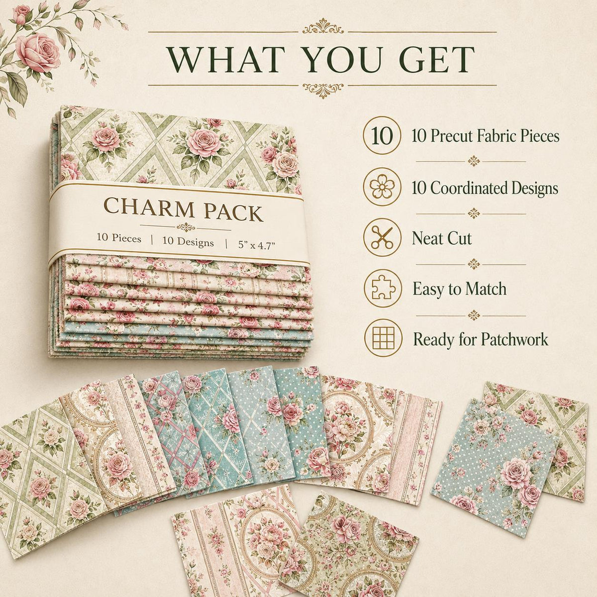 10pcs Charm Pack Set Floral Pattern Vintage Style Handmade DIY with Rich Color and Texture Elements 100% Polyester Patchwork in 10 Design Styles Suitable for Patchwork DIY Craft Projects DIY Wallet Making Gift Giving Bag Making Mother's Day Gift