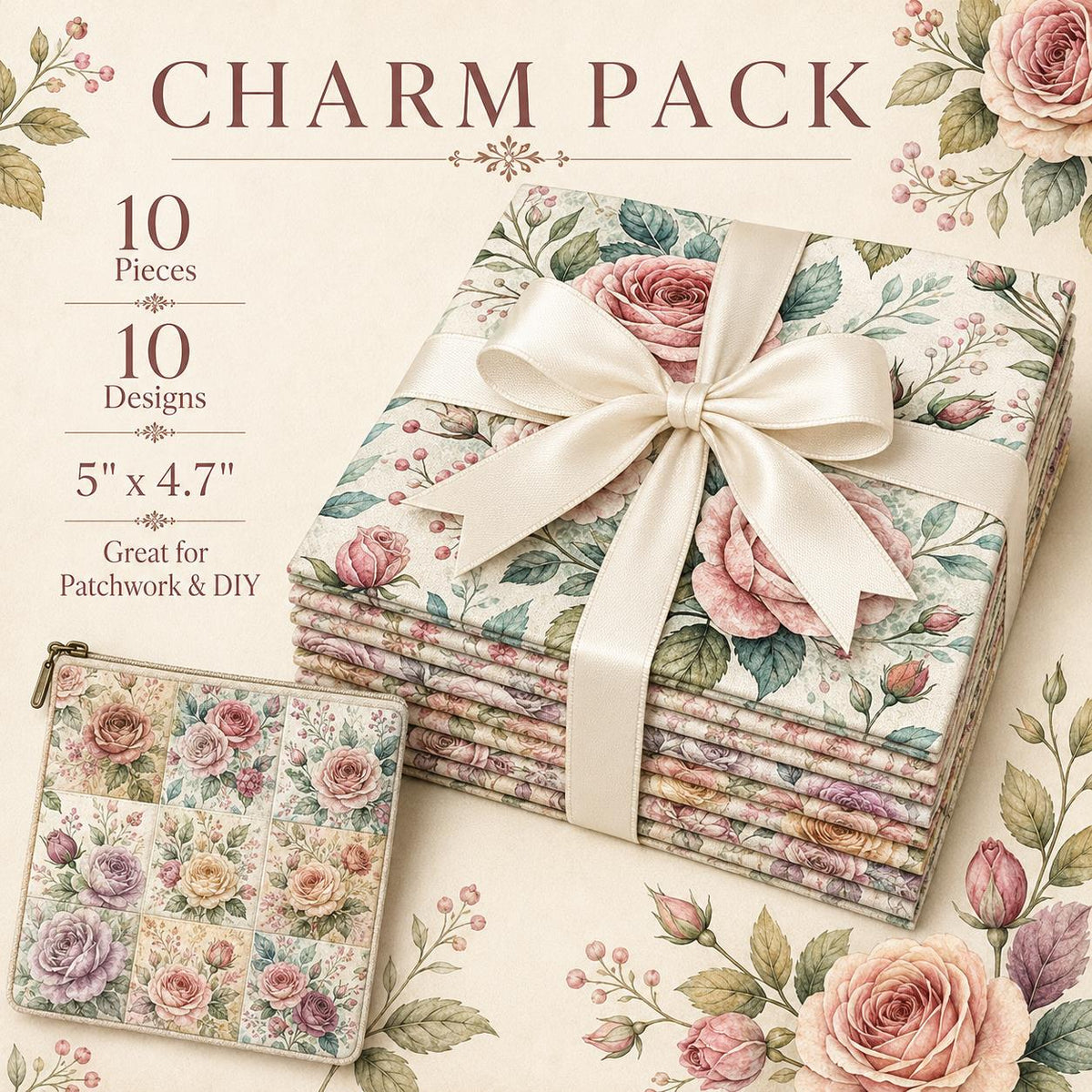 10pcs Charm Pack Set Floral Pattern Vintage Style Handmade DIY with Rich Color and Texture Elements 100% Polyester Patchwork in 10 Design Styles Suitable for Patchwork DIY Craft Projects DIY Wallet Making Gift Giving Bag Making Mother's Day Gift