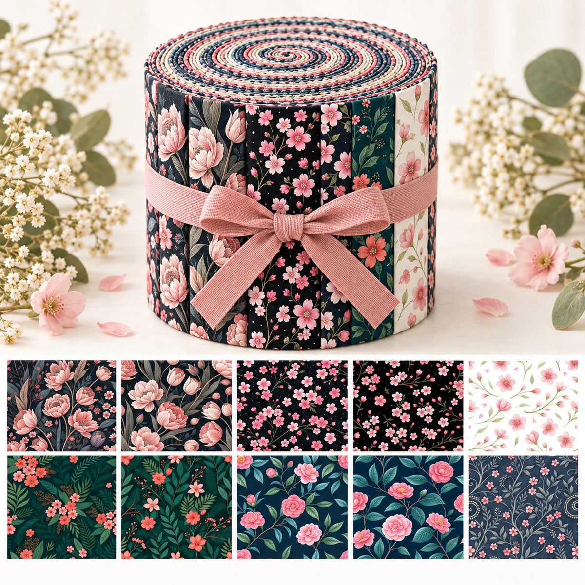 10pcs Vintage Floral Pattern Jelly Roll Fabric Strips 2.5X19.7inch Pre-Cut 100% Polyester For Patchwork Quilts, Table Runners, Placemats, Tote Bags, Storage Pouches, Makeup Bags, Coasters, Quilt Blocks & Binding
