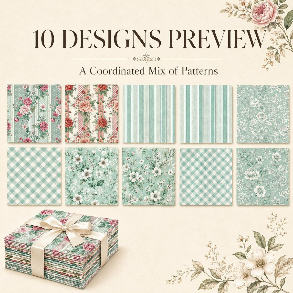 10pcs Charm Pack Set Floral Vintage Style Pattern Handmade DIY with Rich Color and Texture Elements 100% Polyester Patchwork in 10 Design Styles Suitable for Patchwork DIY Craft Projects DIY Wallet Making Gift Giving Bag Making Mother's Day Gift