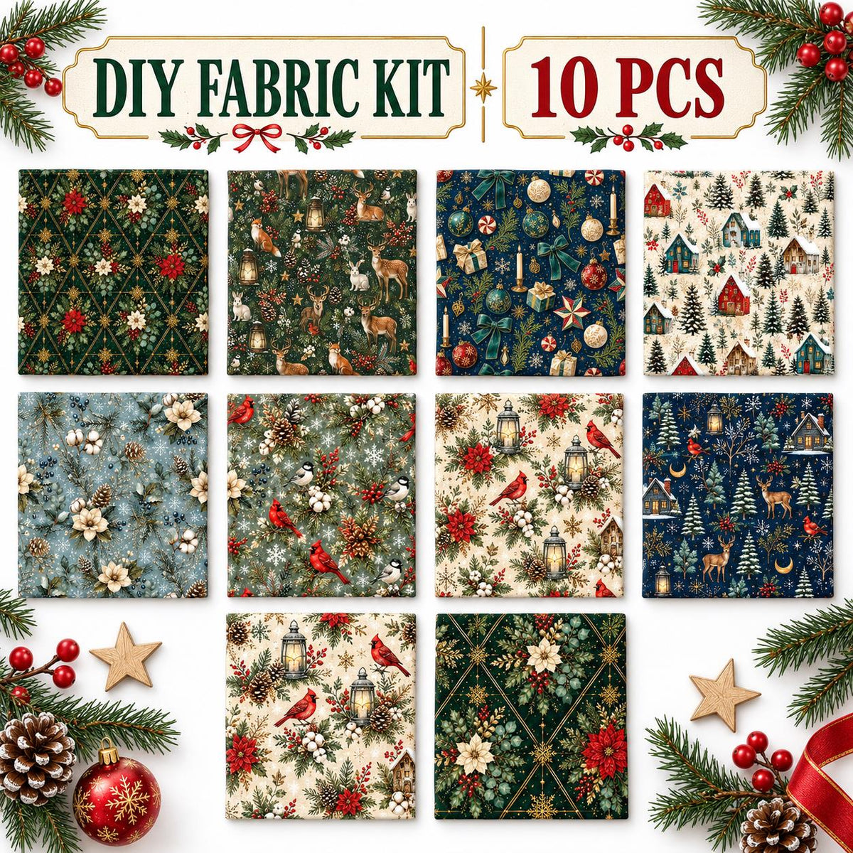 10Pc/Set Christmas Series Bowknot Flower Rabbit Northern Cardinal Deer Holly Pinecones Fox Fat Quarter Fabric, Pre-Cut Square Fabric Assort, Fabric Set, Craft Fabric, Handmade DIY Patchwork Fabric,Home Quilting Sewing Fabric, Packaging Fabric, Scrapbookin