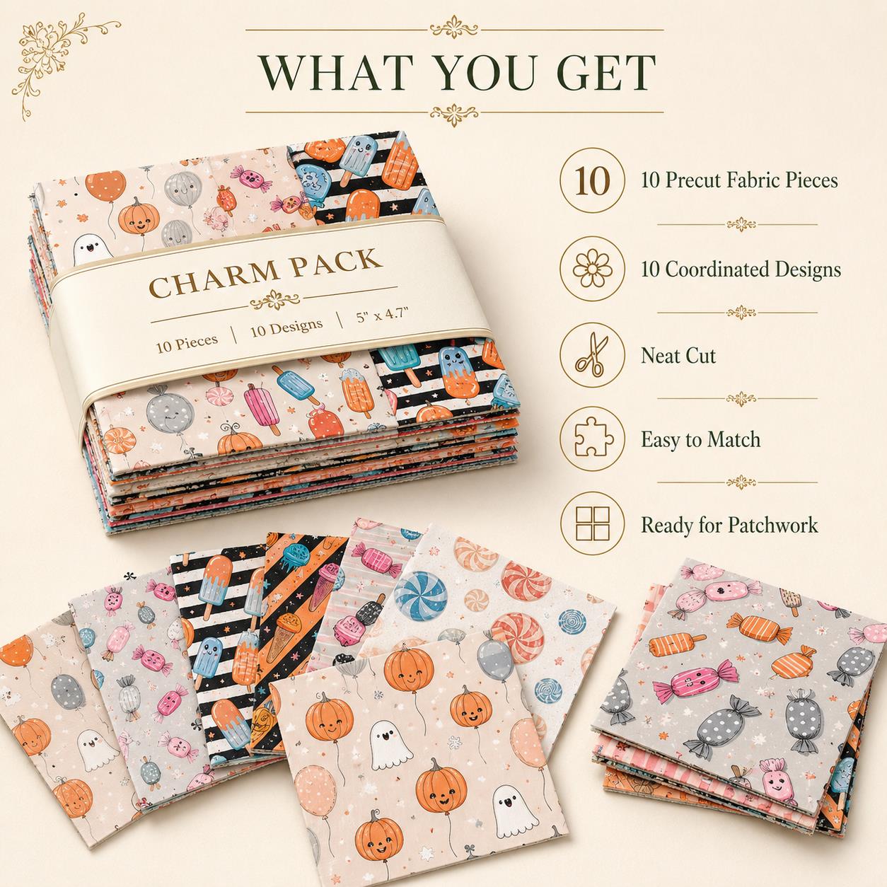 10pcs Charm Pack Set Pumpkin Ghost Halloween Vintage Style Pattern Handmade DIY with Rich Color and Texture Elements 100% Polyester Patchwork in 10 Design Styles Suitable for Patchwork DIY Craft Projects DIY Wallet Making Gift Giving Bag Making Mother's D
