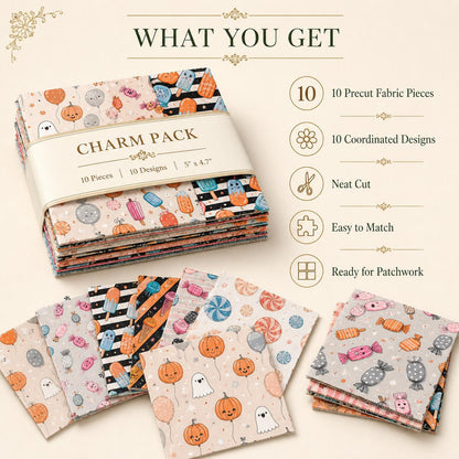 10pcs Charm Pack Set Pumpkin Ghost Halloween Vintage Style Pattern Handmade DIY with Rich Color and Texture Elements 100% Polyester Patchwork in 10 Design Styles Suitable for Patchwork DIY Craft Projects DIY Wallet Making Gift Giving Bag Making Mother's D