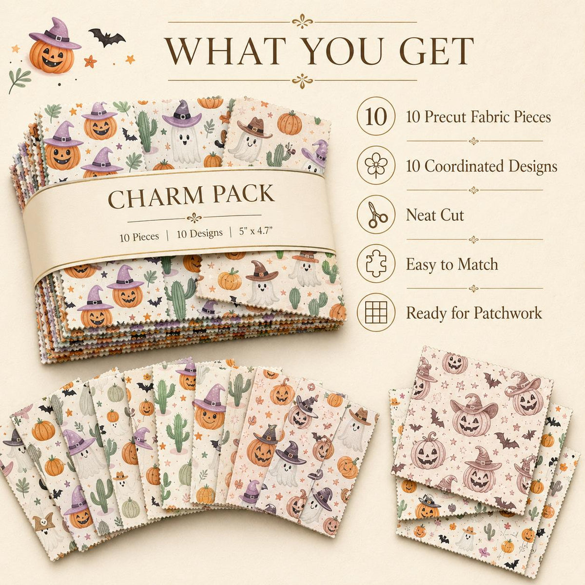 10pcs Charm Pack Set Halloween Pumpkin Ghost Holly Snow Pattern Vintage Style Handmade DIY with Rich Color and Texture Elements 100% Polyester Patchwork in 10 Design Styles Suitable for Patchwork DIY Craft Projects DIY Wallet Making Gift Giving Bag Making