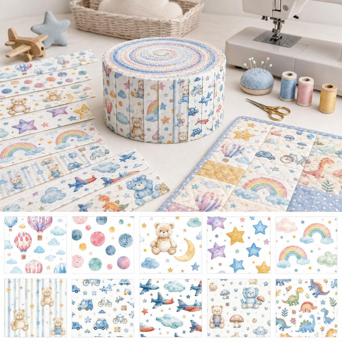 10pcs Vintage Star Bear Fire Balloon Pattern Jelly Roll Fabric Strips 2.5X19.7inch Pre-Cut 100% Polyester For Patchwork Quilts, Table Runners, Placemats, Tote Bags, Storage Pouches, Makeup Bags, Coasters, Quilt Blocks & Binding