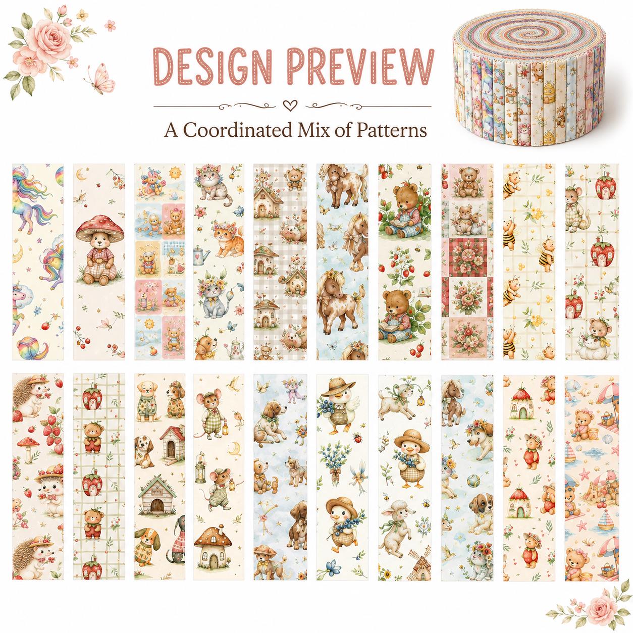 20pcs Vintage Bear Cat Hedgehog Animal Series Jelly Roll Fabric Strips 2.5X19.7inch Delicate Printed Multi-Color 100% Polyester For DIY Handmade Patchwork, Table Runners, Placemats, Tote Bags, Storage Pouches, Makeup Bags, Coasters, Quilt Blocks & Binding