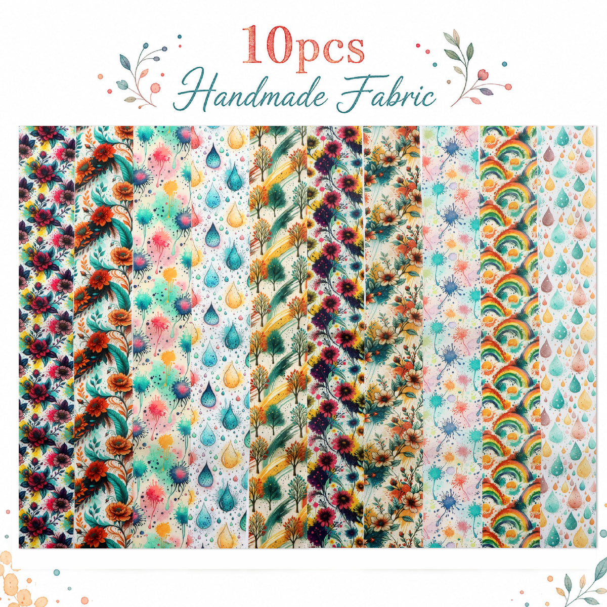 10pcs Vintage Floral Paint Splatter Pattern Jelly Roll Fabric Strips 2.5X19.7inch Pre-Cut 100% Polyester For Patchwork Quilts, Table Runners, Placemats, Tote Bags, Storage Pouches, Makeup Bags, Coasters, Quilt Blocks & Binding