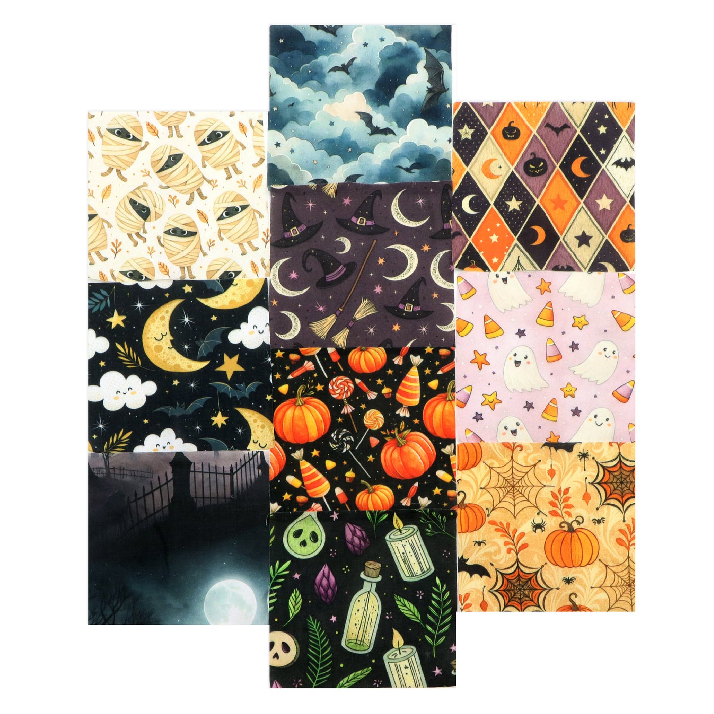 10pcs Charm Pack Set Bat Pumpkin Moon Halloween Vintage Style Pattern Handmade DIY with Rich Color and Texture Elements 100% Polyester Patchwork in 10 Design Styles Suitable for Patchwork DIY Craft Projects DIY Wallet Making Gift Giving Bag Making