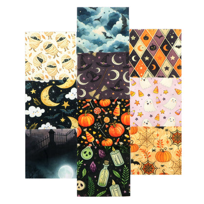 10pcs Charm Pack Set Bat Pumpkin Moon Halloween Vintage Style Pattern Handmade DIY with Rich Color and Texture Elements 100% Polyester Patchwork in 10 Design Styles Suitable for Patchwork DIY Craft Projects DIY Wallet Making Gift Giving Bag Making