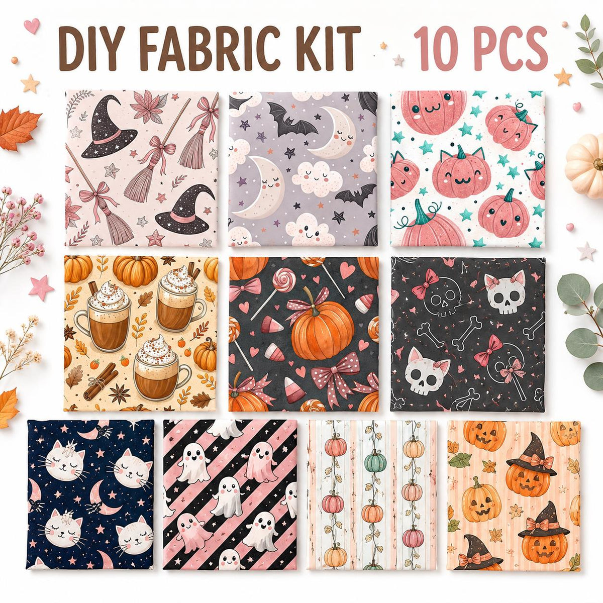 10Pc/Set Halloween Series Flower Pumpkin Skull Star Fat Quarter Fabric, Pre-Cut Square Fabric Assort, Fabric Set, Craft Fabric, Handmade DIY Patchwork Fabric,Home Quilting Sewing Fabric, Packaging Fabric, Scrapbooking Craft Hobbyist