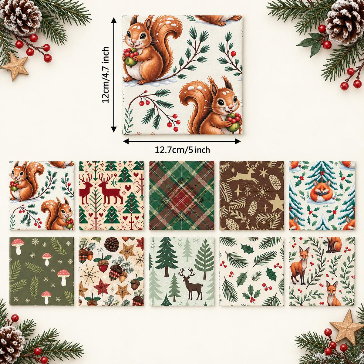 10Pc/Set Christmas Series Star Deer Fox Squirrel Holly Pinecones Fat Quarter Fabric, Pre-Cut Square Fabric Assort, Fabric Set, Craft Fabric, Handmade DIY Patchwork Fabric,Home Quilting Sewing Fabric, Packaging Fabric, Scrapbooking Craft Hobbyist