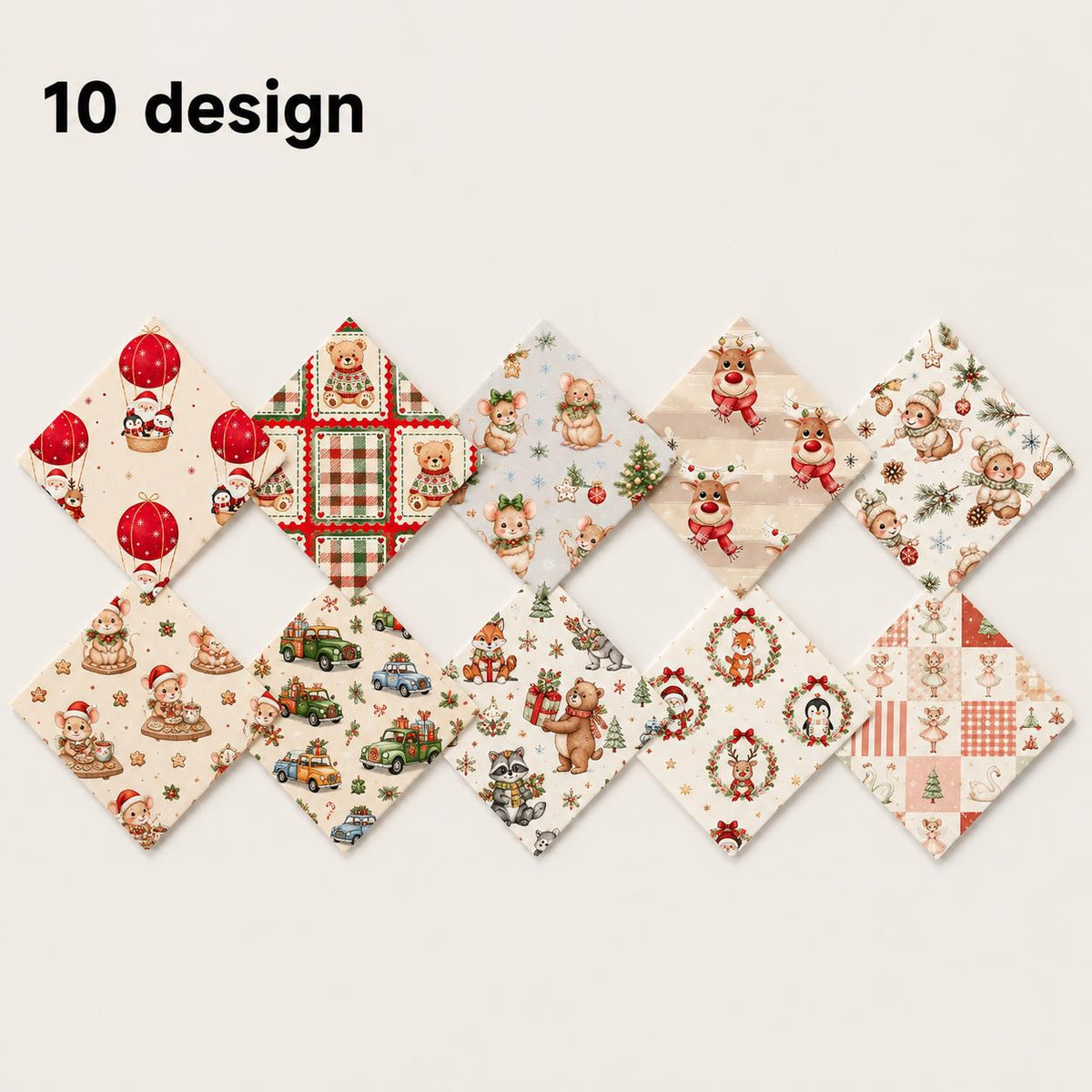 10Pc/Set Christmas Series Santa Claus Deer Holly Crutch Christmas Tree Fox Fat Quarter Fabric, Pre-Cut Square Fabric Assort, Fabric Set, Craft Fabric, Handmade DIY Patchwork Fabric,Home Quilting Sewing Fabric, Packaging Fabric, Scrapbooking Craft Hobbyist