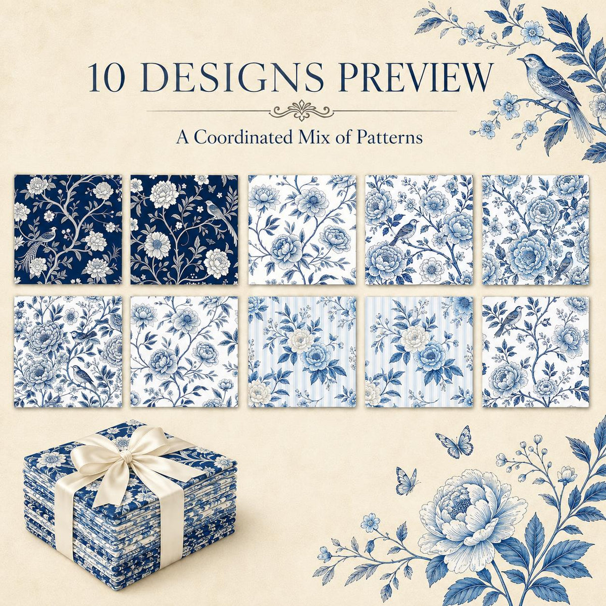 10Pc/Set Flower Blue Series Bird Leaves Fat Quarter Fabric, Pre-Cut Square Fabric Assort, Fabric Set, Craft Fabric, Handmade DIY Patchwork Fabric,Home Quilting Sewing Fabric, Packaging Fabric, Scrapbooking Craft Hobbyist