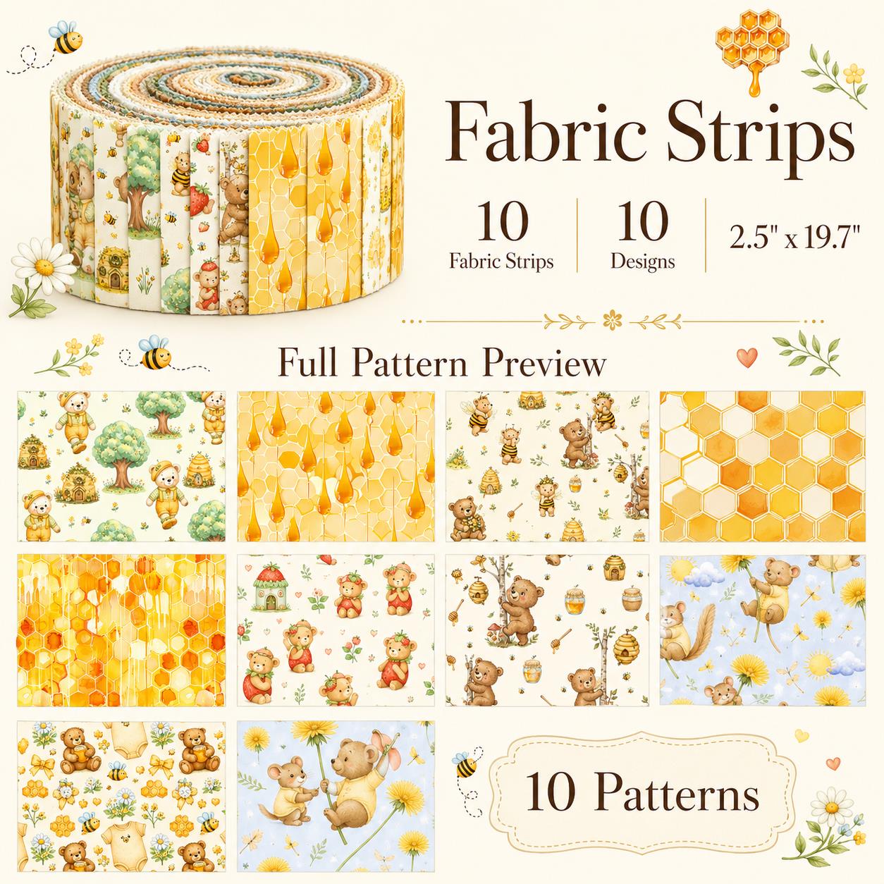 10Pc/Set, Making 10 Images 1pc Each, Each Size: 6.3*50cm Bear Honey Yellow Series Sliced Fabric Set Style Combination, Polyester Jelly Roll Fabric Strips, Pre-Cut Quilting Squares, For Quilting DIY, Handicrafts And Sewing, Blankets, Rugs