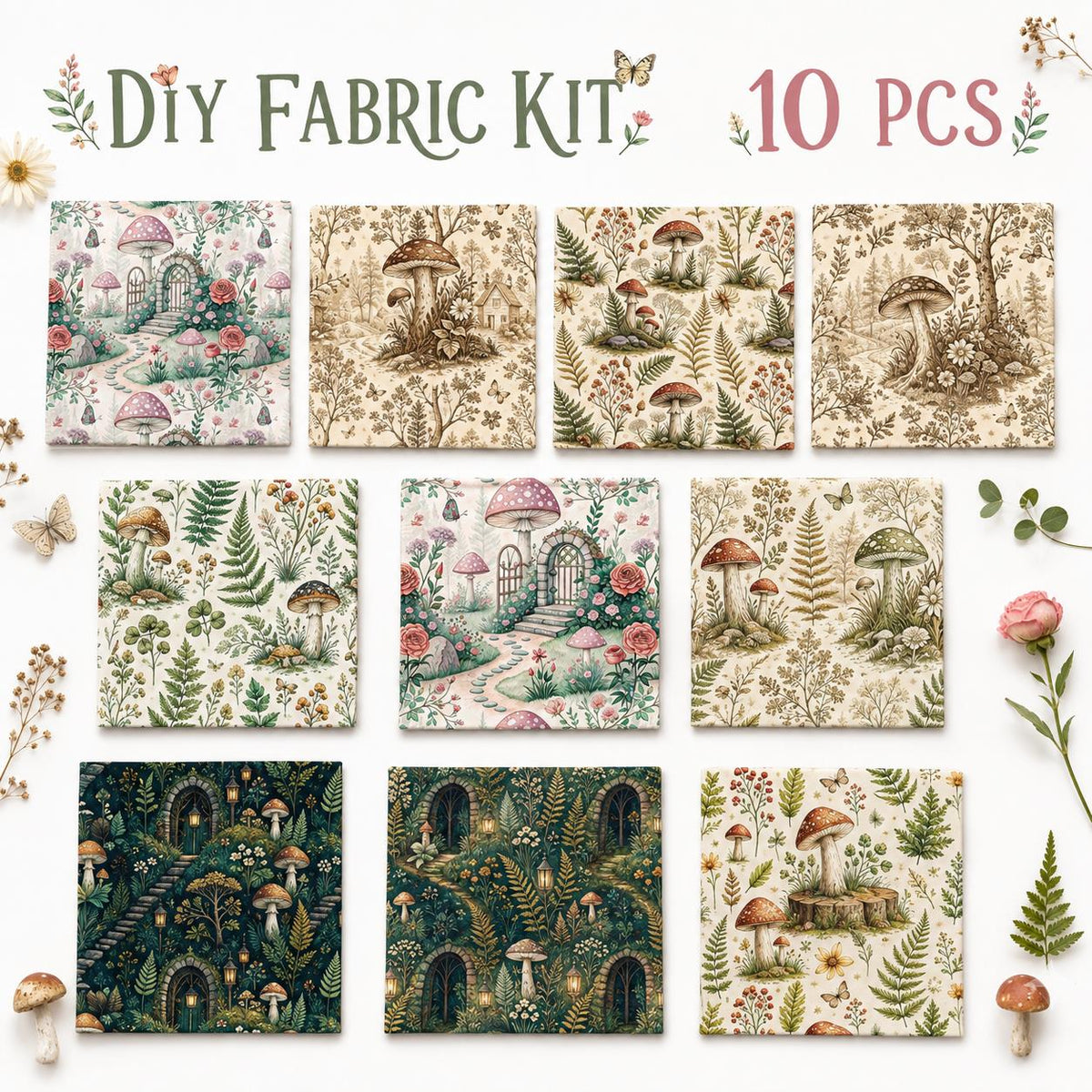 10pcs Charm Pack Set Mushroom Pattern 100% Polyester Patchwork in 10 Design Styles, Ready-to-Sew Without Cutting, Suitable For Patchwork Wallet Making Gift Giving Tote Bags Coasters DIY Craft Projects