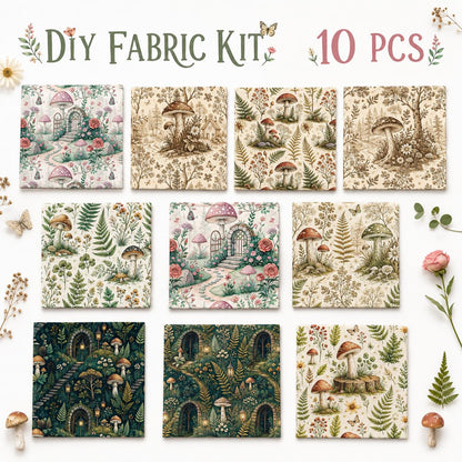 10pcs Charm Pack Set Mushroom Pattern 100% Polyester Patchwork in 10 Design Styles, Ready-to-Sew Without Cutting, Suitable For Patchwork Wallet Making Gift Giving Tote Bags Coasters DIY Craft Projects