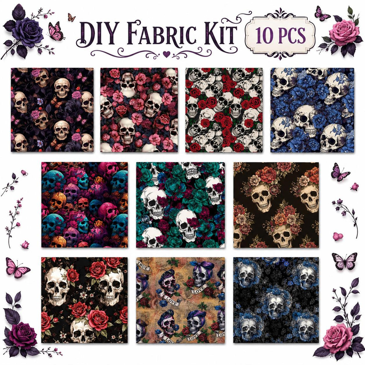 10pcs Charm Pack Set Skull Black Halloween Vintage Style Pattern Handmade DIY with Rich Color and Texture Elements 100% Polyester Patchwork in 10 Design Styles Suitable for Patchwork DIY Craft Projects DIY Wallet Making Gift Giving Bag Making Mother's Day